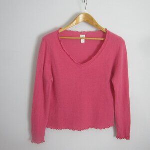 Garnet Hill Size XL Pink 100% Cashmere Ruffle V Neck LS Pullover Sweater Soft